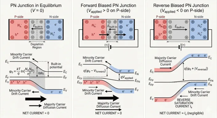 Forward and reverse bias behavior of a PN junction